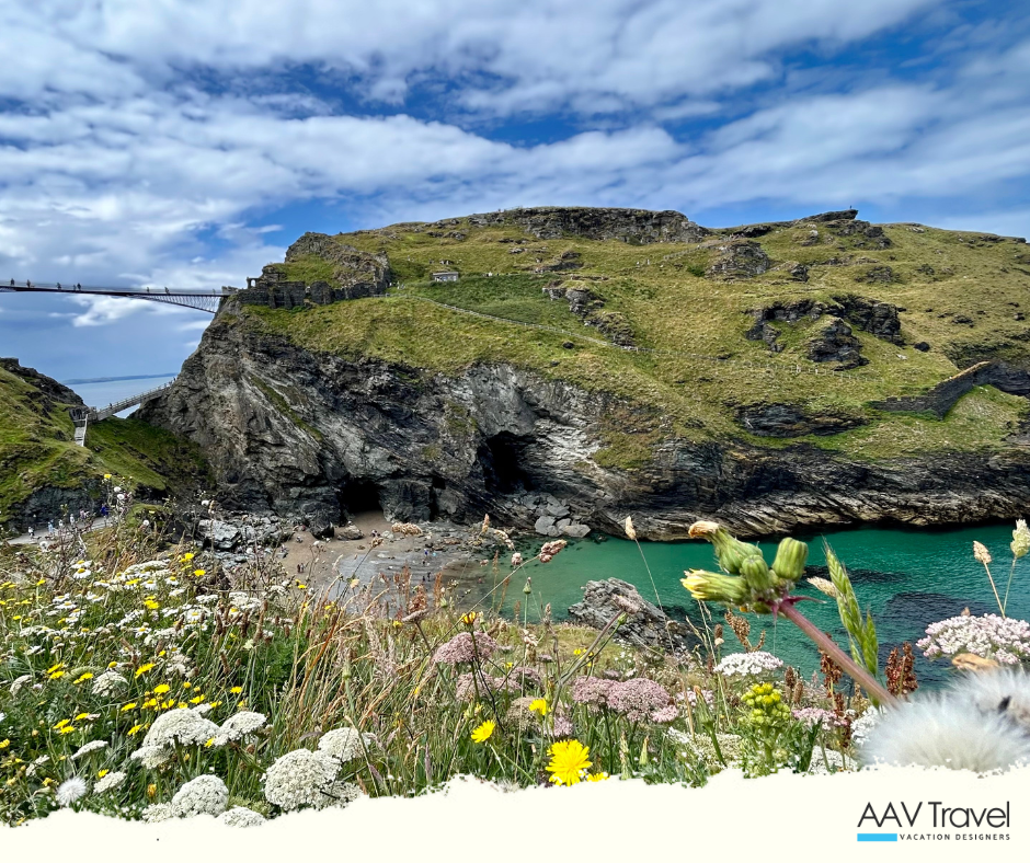 Wildflowers in bloom along a cliffside overlooking the dramatic Tintagel Bridge in Cornwall.